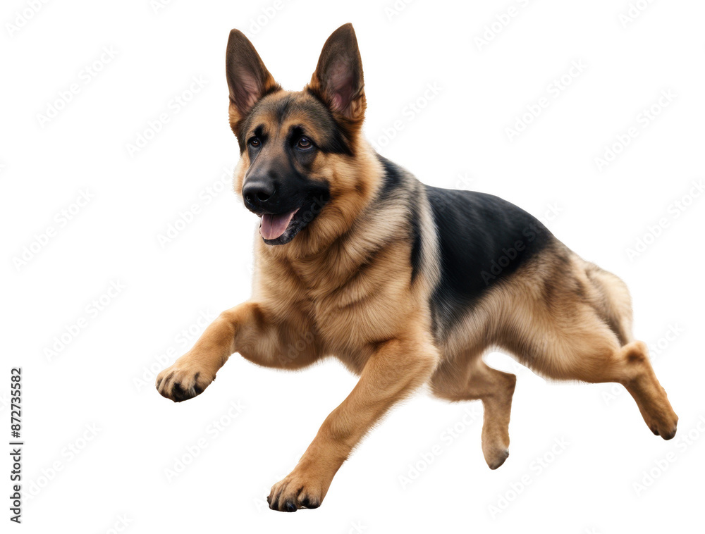 Energetic German Shepherd dog leaping in mid-air isolate on transparent background, cutout, png Energetic German Shepherd dog leaping in mid-air isolate on transparent background, cutout, png