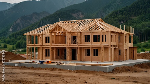 Wooden frame house under construction with mountainous backdrop. Scenic building site showcasing the early stages of home development.