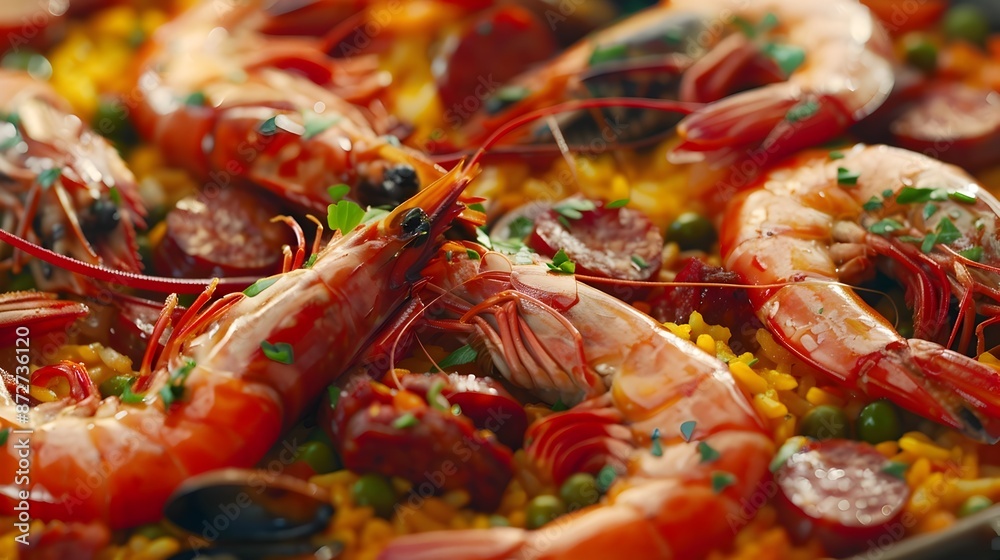 A Vibrant,Mouthwatering Spanish Paella Dish with Seafood and Chorizo on a Platter A Vibrant,Mouthwatering Spanish Paella Dish with Seafood and Chorizo on a Platter