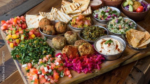 Bountiful Middle Eastern Mezze Platter with Hummus,Falafel,and Tabbouleh,Soft Lighting,Muted Colors