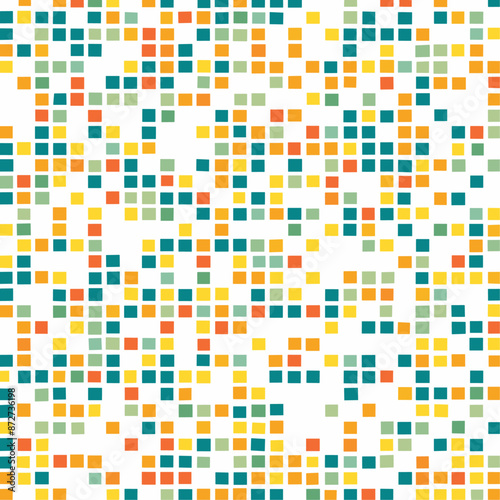 Grid of Geometric Shapes: A Seamless Pattern Featuring Squares in Green, Orange, and Yellow