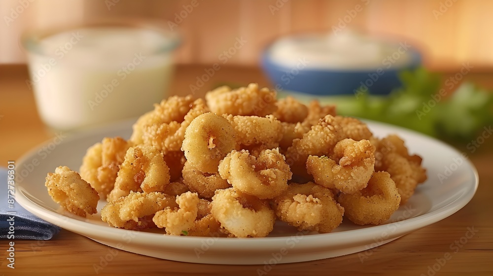 Crispy Calamari Appetizer with Tangy Aioli Dipping Sauce - Delectable Seafood Delight on Muted Crispy Calamari Appetizer with Tangy Aioli Dipping Sauce - Delectable Seafood Delight on Muted