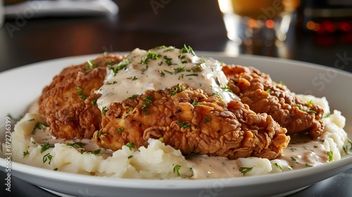 Delectable Crispy Fried Chicken with Creamy Mashed Potatoes and Savory Gravy on a Comforting Plate