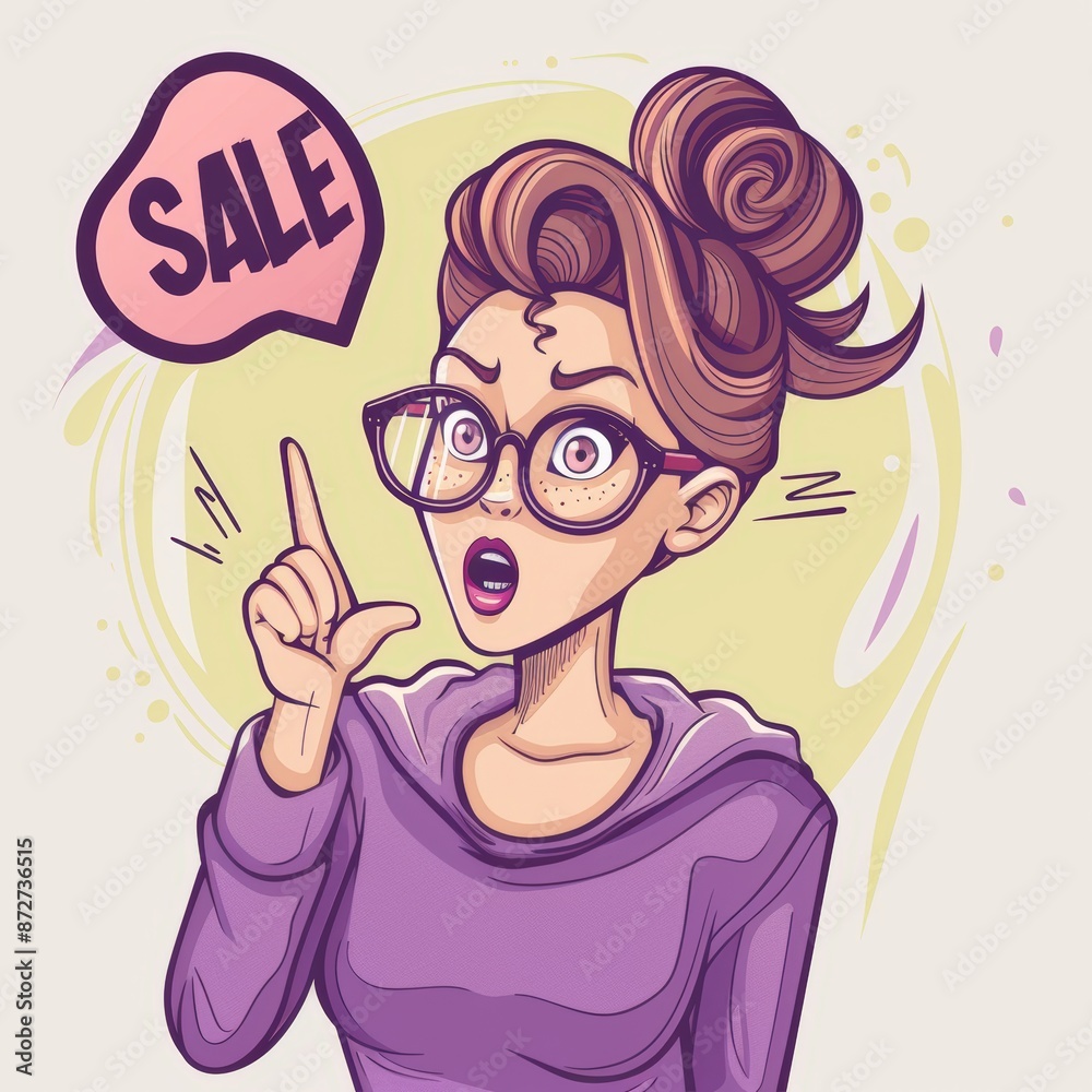 Illustration of surprised woman with glasses pointing at a sale sign, expressing excitement and shock. Purple yellow colors. Illustration of surprised woman with glasses pointing at a sale sign, expressing excitement and shock. Purple yellow colors.