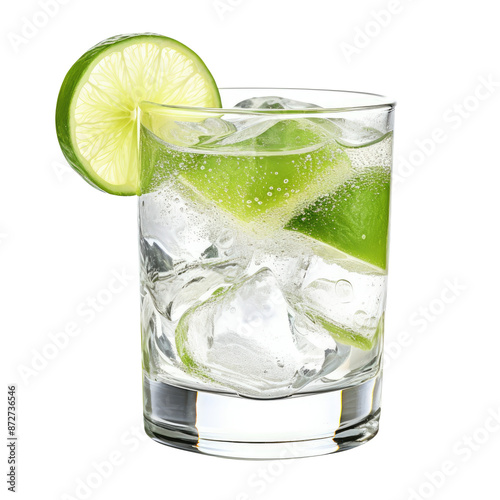 Gin tonic with sliced lime and ice in glass isolated on transparent white background, clipping path photo