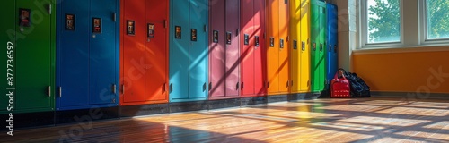 Colorful School Lockers With Backpack In A Bright Hallway