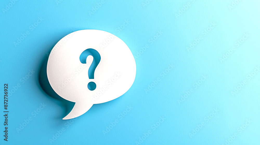 Minimalist design of a white speech bubble containing a question mark on a blue background. Conceptual image for inquiry and questioning. Perfect for blogs, posts, and educational content. AI Minimalist design of a white speech bubble containing a question mark on a blue background. Conceptual image for inquiry and questioning. Perfect for blogs, posts, and educational content. AI