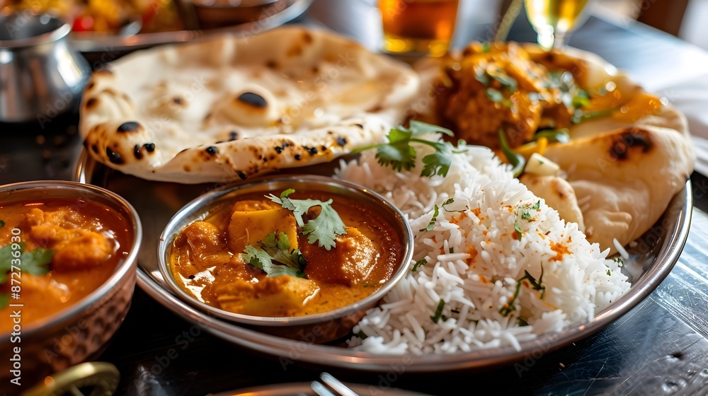 Mouthwatering Indian Thali with Vibrant Curries,Rice,and Naan Mouthwatering Indian Thali with Vibrant Curries,Rice,and Naan
