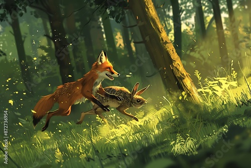 A cunning fox faces off against a swift hare in a high-stakes chase through the dense forest. © Animals