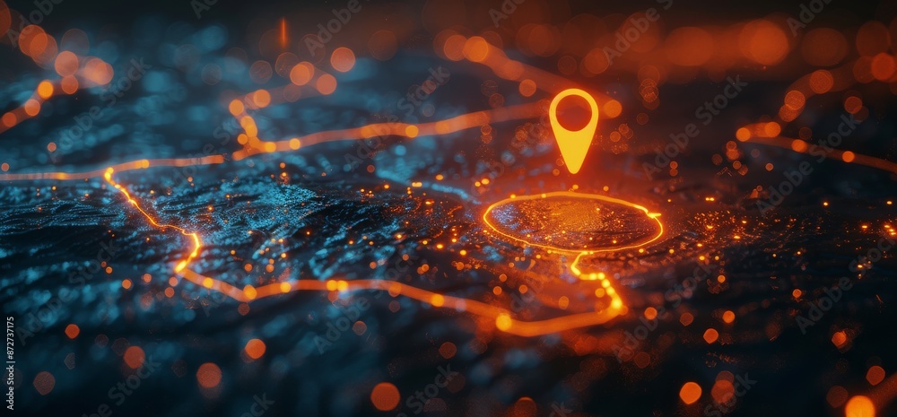 Orange Pinpoint Location Marker on Digital Map With Glowing Lines