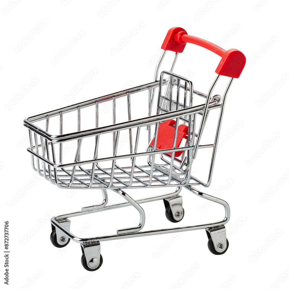 Mini model of red shopping cart in supermarket trolley isolated on a transparent background