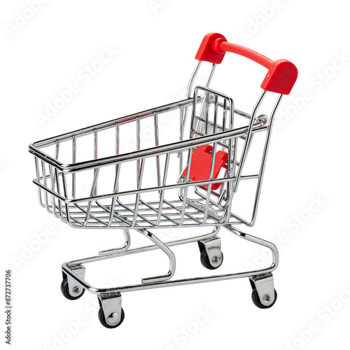 Obraz na płótnie Mini model of red shopping cart in supermarket trolley isolated on a transparent background w salonie