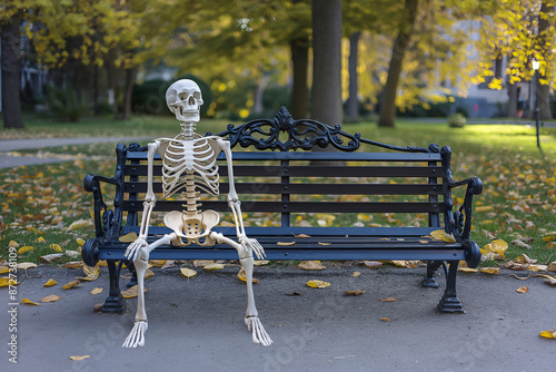 Human skeleton sitting lonely on a bench under trees and fallen leaves in the park. The long wait until only skeletons were left.
