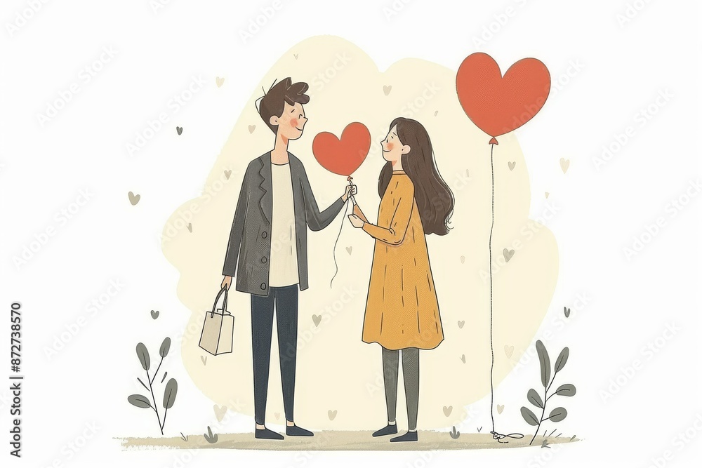 Charming illustration of a couple exchanging hearts symbolizing love and affection in a playful style Charming illustration of a couple exchanging hearts symbolizing love and affection in a playful style