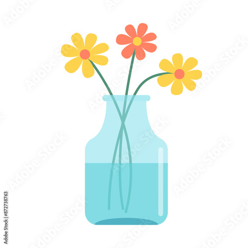 Yellow pink flowers collection. Transparent glass vases with blue water. Flower in vase. Daisy, gerbera. Cute colorful icon collection. Ceramic Pottery decoration. White background. Flat design Vector