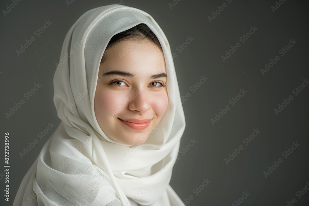 With a gentle smile, a young woman wearing a white hijab poses for a studio photo, radiating confidence and elegance.