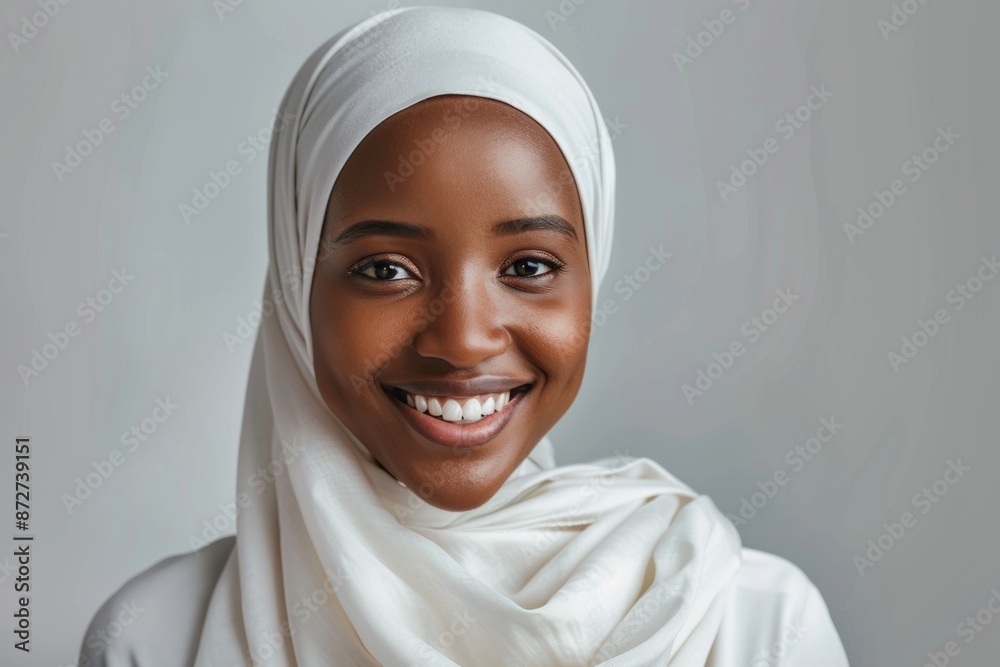 With grace and poise, a young woman wearing a white hijab smiles brightly in a studio portrait, exuding confidence and charm. With grace and poise, a young woman wearing a white hijab smiles brightly in a studio portrait, exuding confidence and charm.