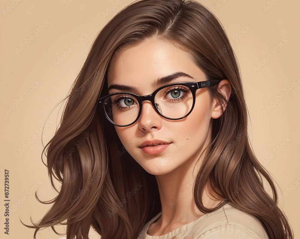 Close up portrait of pretty young woman with glasses against beige background. Female fashion model Close up portrait of pretty young woman with glasses against beige background. Female fashion model