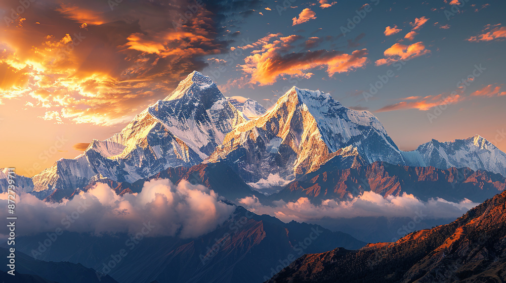 A majestic mountain peak towering above the clouds, bathed in golden sunlight with a soft mist rising from its base A majestic mountain peak towering above the clouds, bathed in golden sunlight with a soft mist rising from its base