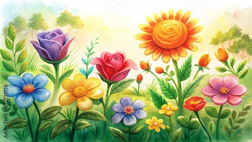Vibrant colorful flowers blooming in a lush green garden surrounded by warm sunshine and gentle petals symbolizing love, happiness, and harmony in a serene atmosphere. © Adisorn