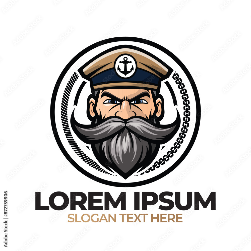 Old man head mascot logo, Man bearded with nautical hat illustration, white background Old man head mascot logo, Man bearded with nautical hat illustration, white background