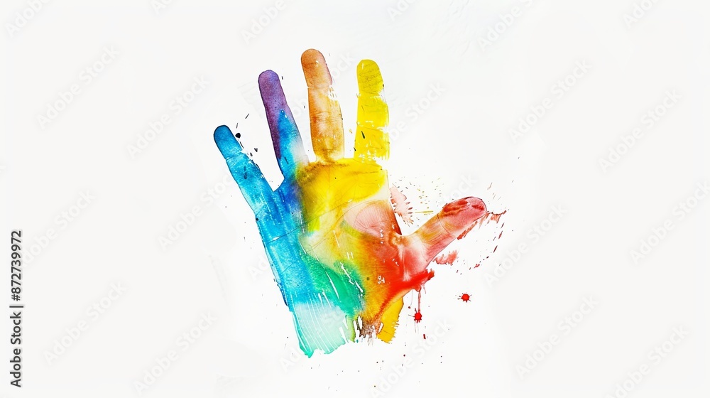 Colorful hand prints on a white background. Close-up. Colorful hand prints on a white background. Close-up.