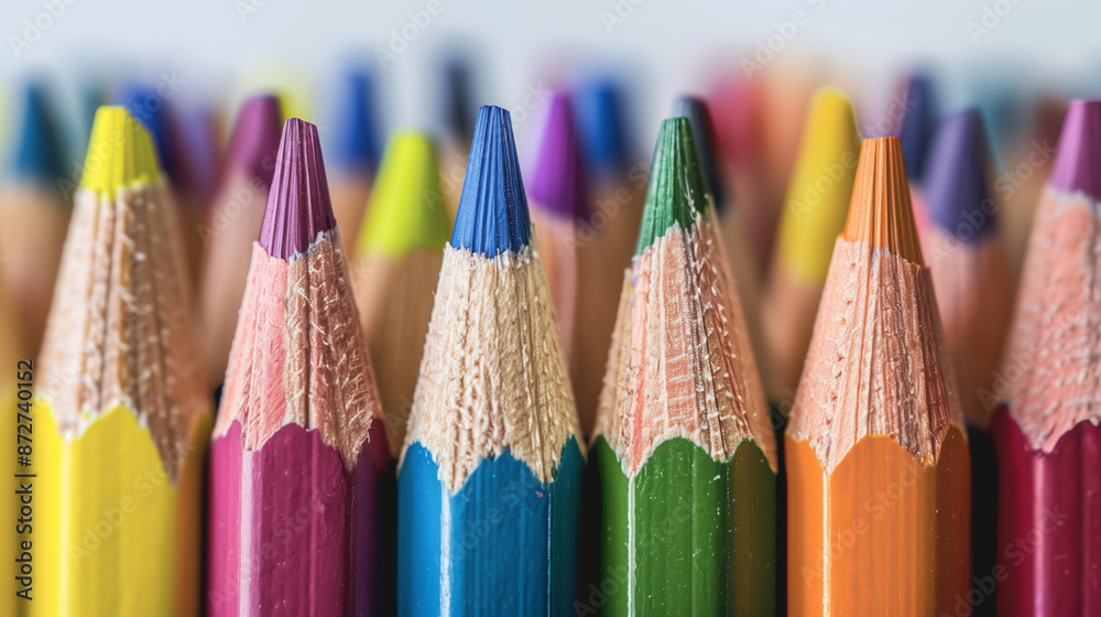 A Group of Different Colored Pencils Standing Together. This image features a close-up view of various colored pencils standing side by side, showcasing a vibrant spectrum of colors.