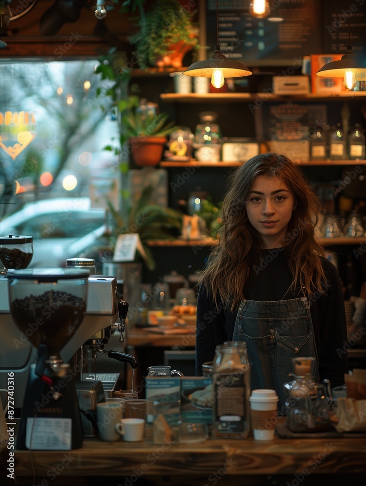 Young barista stands behind counter in cozy coffee shop with rustic decor, ready to serve. Warm lighting and inviting atmosphere. Young barista stands behind counter in cozy coffee shop with rustic decor, ready to serve. Warm lighting and inviting atmosphere.