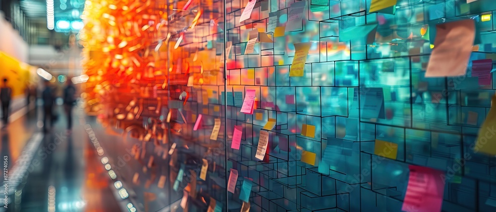 Obraz premium A glass wall covered with multi-colored sticky notes, symbolizing brainstorming and project planning in a modern office environment