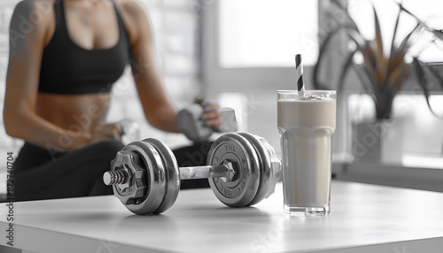 Composition with metal dumbbell, protein shake and blurred woman on background