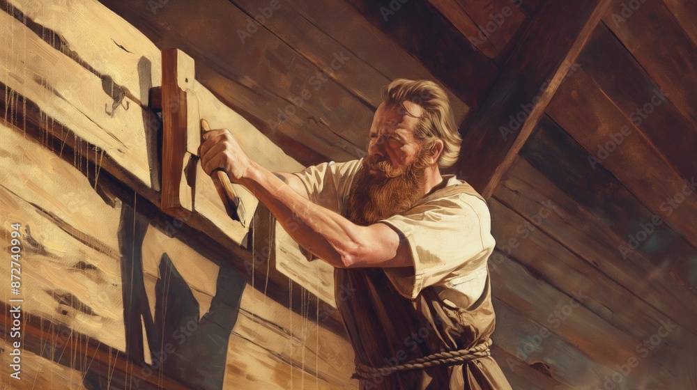 Fototapeta premium Noah hammering a plank onto the ark with hand tools. Carpentry, craftsmanship, woodworking, traditional skills, manual labor, historical reenactment.