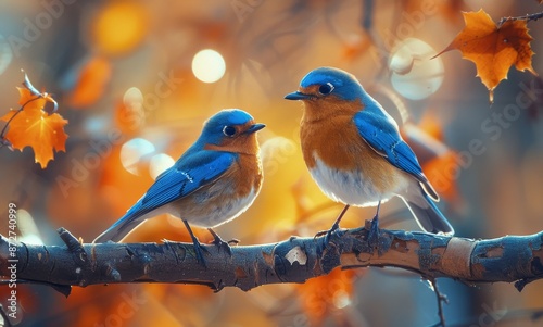 Two Bluebirds Perched on a Branch in Autumn