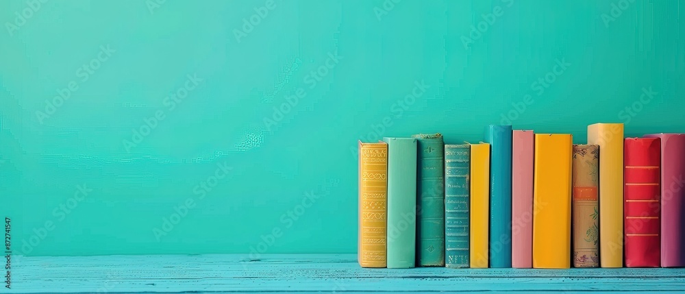 Background with copy space and a row of colorful hardcover books against a teal backdrop Background with copy space and a row of colorful hardcover books against a teal backdrop