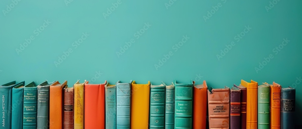 Naklejka premium Background with copy space and a row of colorful hardcover books against a teal backdrop