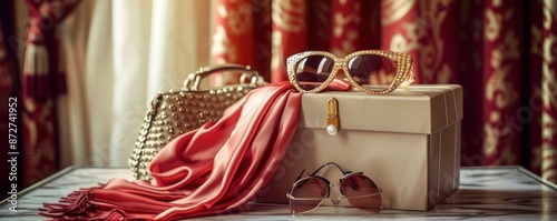 A chic fashion gift box with a silk scarf, a pair of sunglasses, and a stylish handbag, arranged on a dressing table.