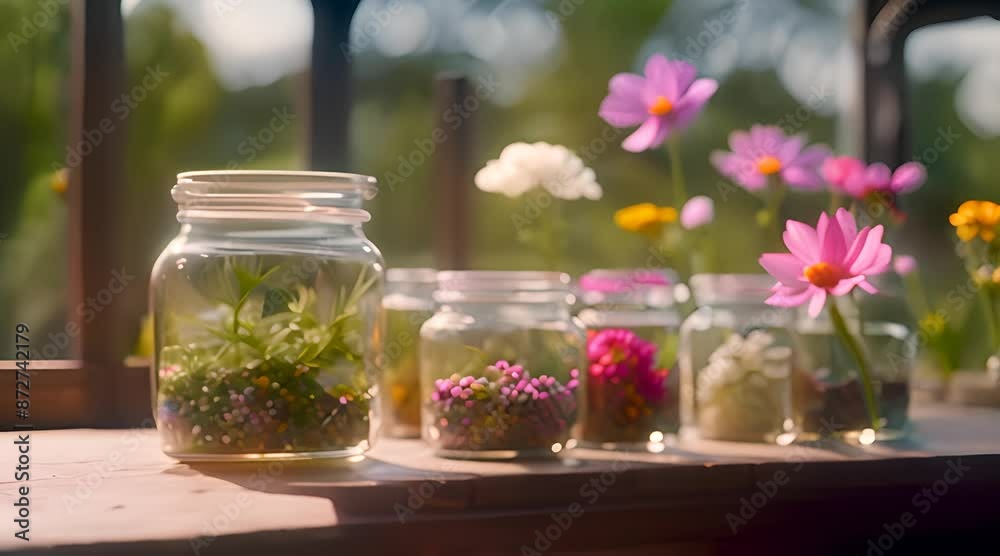 Cosmos in glass jars on the terrace table. Cosmos in glass jars on the terrace table.
