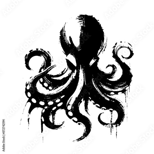 Octopus, squid in illustration in brush stroke painting