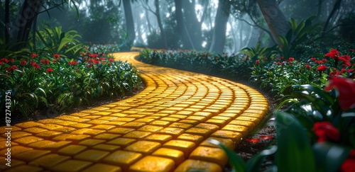 Yellow Brick Road Winding Through Lush Forest Garden