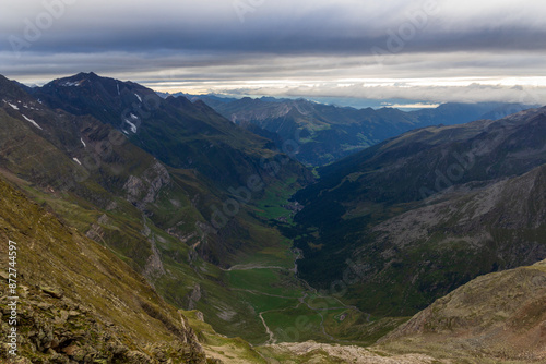 Mountain panorama and valley with village Pfelders in Texel group, South Tyrol, Italy