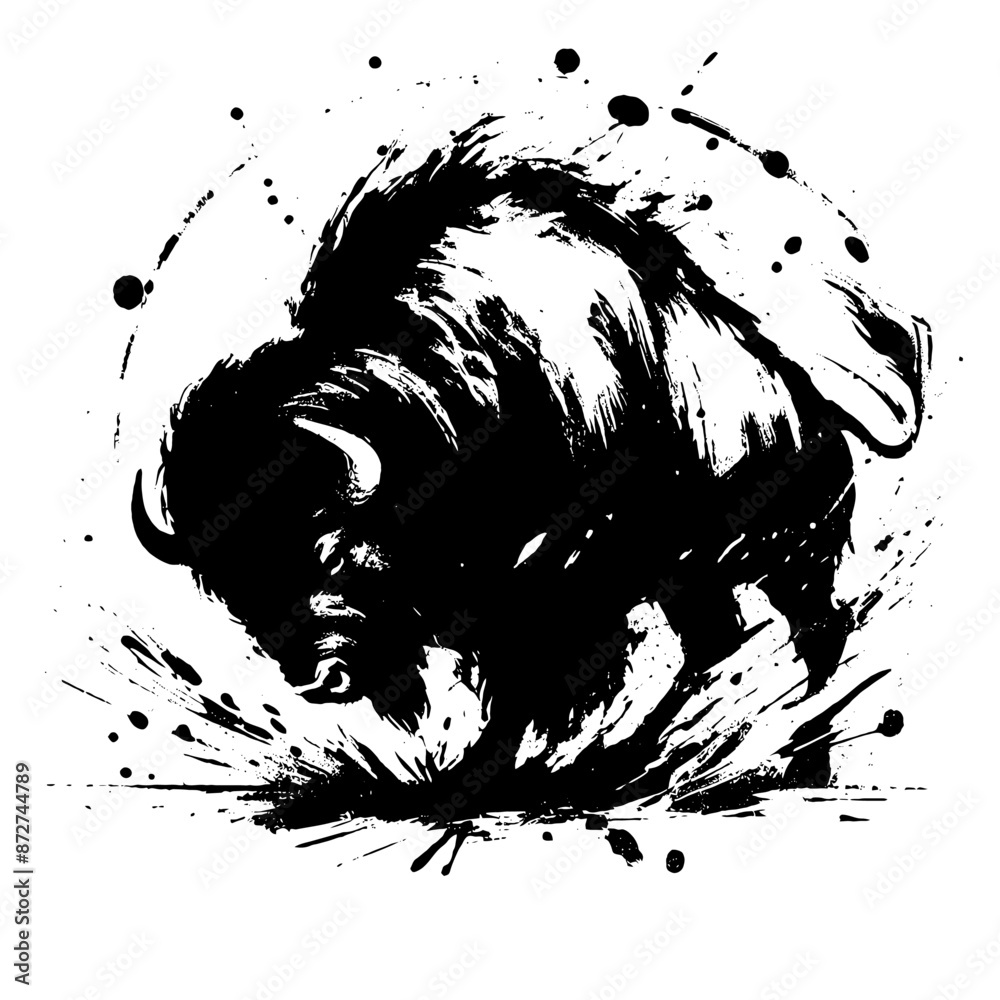 buffalo, bison, bull, cow in illustration in brush stroke painting