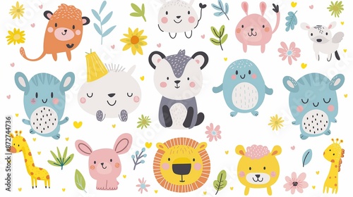 Seamless Illustration in cartoon style of funny animal faces on a white background