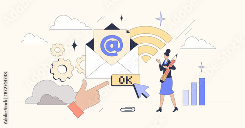 Interactive email campaigns for marketing tiny person neubrutalism concept. Business newsletter with targeted content and links to video, pictures or other media for engagement vector illustration.