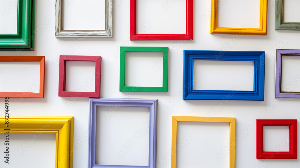 An array of colorful empty picture frames on a white wall representing the absence of stereotypes in society. An array of colorful empty picture frames on a white wall representing the absence of stereotypes in society.