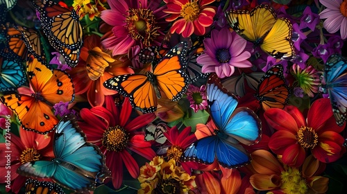 A Mesmerizing Floral Gathering of Colorful Butterflies Amid Blooming Flowers