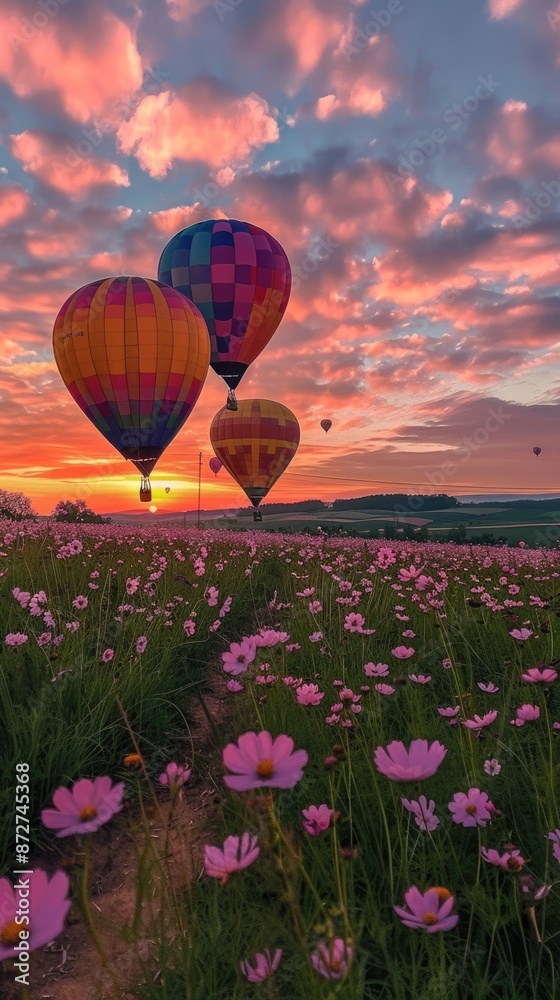 Fototapeta premium Flying hot air balloons and purple flowers