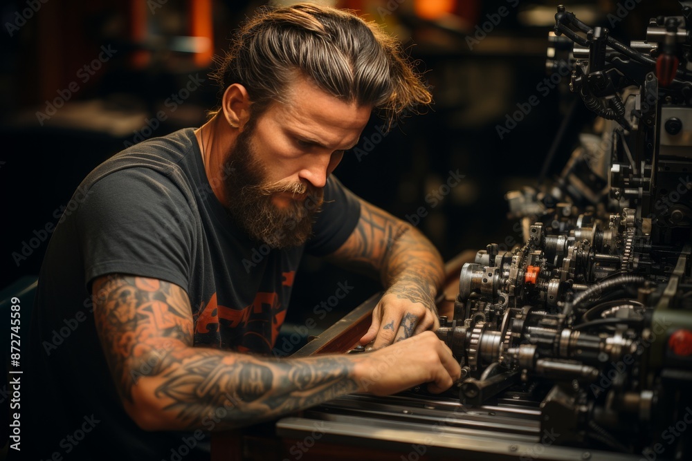 Experienced tension machine operator skillfully operating equipment in manufacturing setting Experienced tension machine operator skillfully operating equipment in manufacturing setting