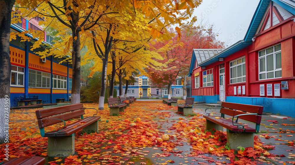 Obraz premium School campus in autumn with colorful fallen leaves, vibrant buildings, and neatly arranged benches,
