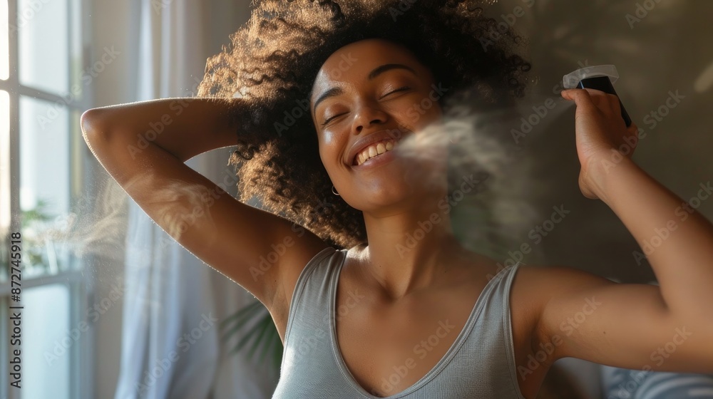 Close-up of happy woman uses deodorant spray on her underarm at home Close-up of happy woman uses deodorant spray on her underarm at home
