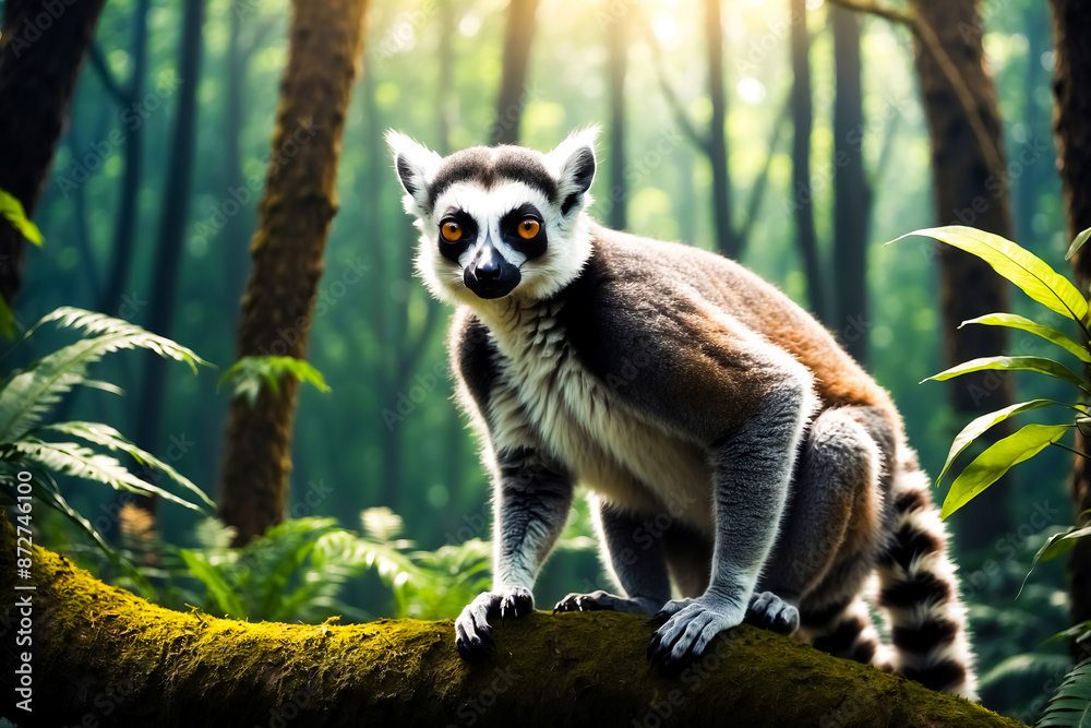 Fototapeta premium Ring-tailed Lemur Sitting on a Branch in a Forest