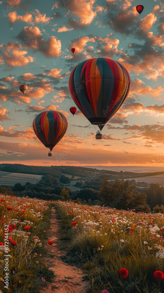 Obraz premium Flying hot air balloons and purple flowers